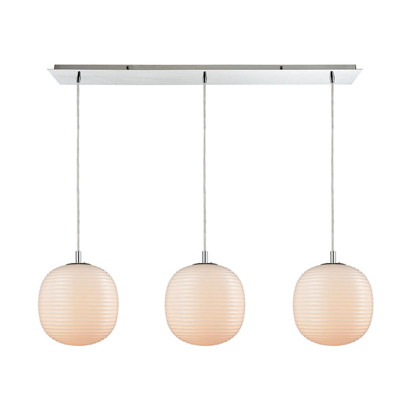 Beehive 3 Light Linear Pan Pendant In Polished Chrome With Opal White Beehive Glass