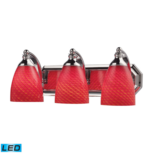 Bath And Spa 3 Light LED Vanity In Polished Chrome And Scarlet Red Glass