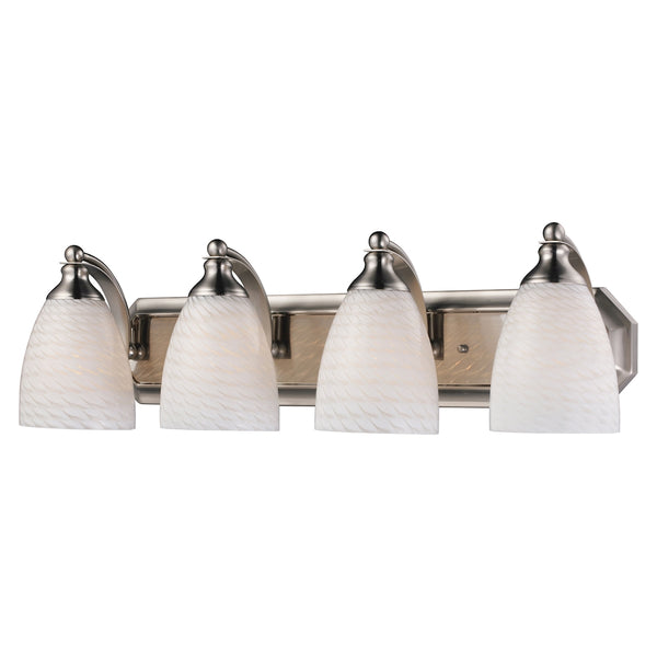 Bath And Spa 4 Light Vanity In Satin Nickel And White Swirl Glass