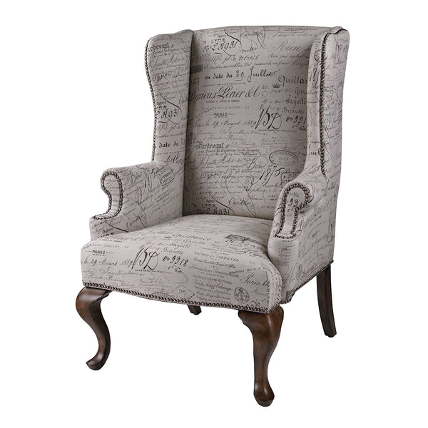 Marianne Wing Chair In Mahogany With French Scroll Linen
