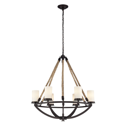 Natural Rope 6 Light Chandelier In Aged Bronze And White Glass