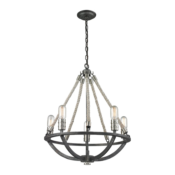 Natural Rope 5 Light Chandelier In Silvered Graphite With Polished Nickel Accents