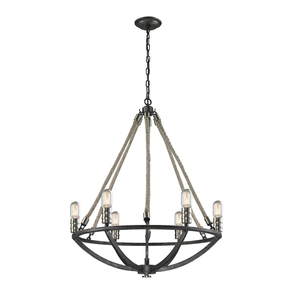 Natural Rope 6 Light Chandelier In Silvered Graphite With Polished Nickel Accents