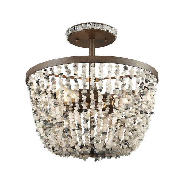 Agate Stones 3 Light Semi Flush In Weathered Bronze With Gray Agate Stones