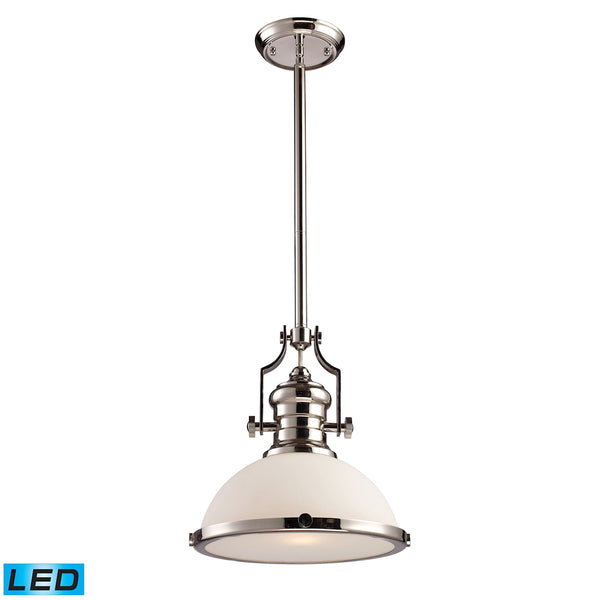 Chadwick 1 Light LED Pendant In Polished Nickel With White Glass