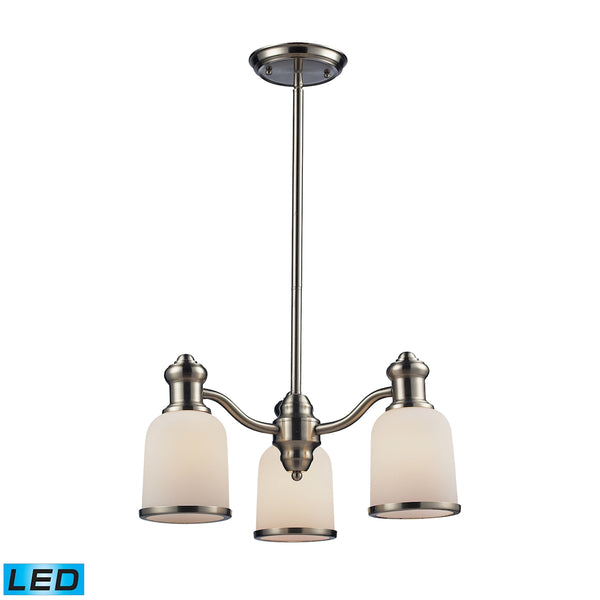 Brooksdale 3 Light LED Chandelier In Satin Nickel And White Glass
