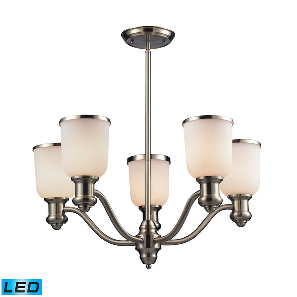 Brooksdale 5 Light LED Chandelier In Satin Nickel And White Glass