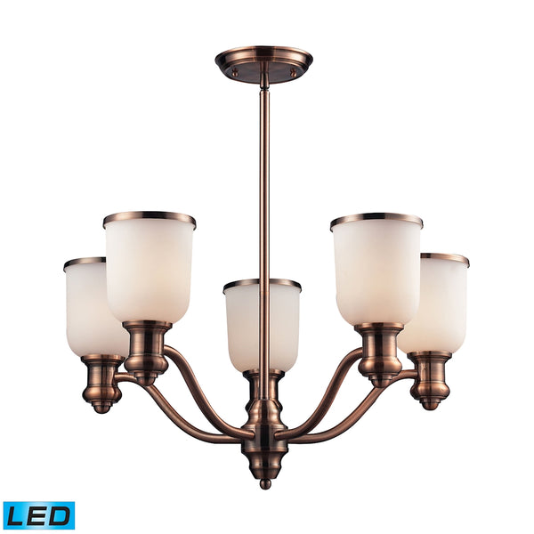 Brooksdale 5 Light LED Chandelier In Antique Copper And White Glass
