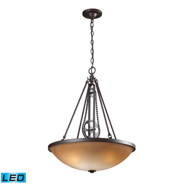 Cog And Chain 3 Light LED Pendant In Vintage Rust