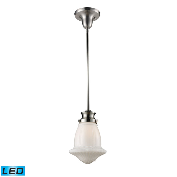 Schoolhouse Pendants 1 Light LED Pendant In Satin Nickel And White Glass