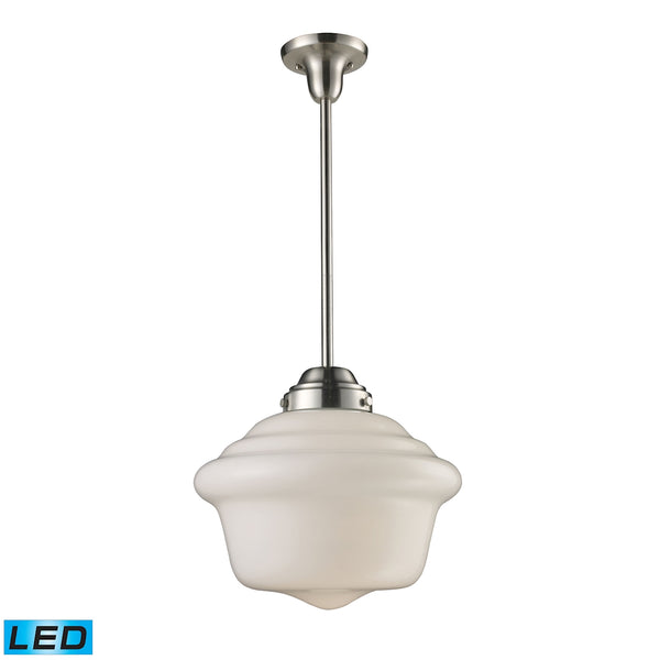 Schoolhouse Pendants 1 Light LED Pendant In Satin Nickel And White Glass