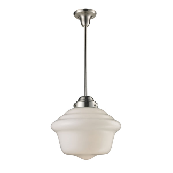 Schoolhouse Pendants 1 Light Pendant In Satin Nickel And White Glass