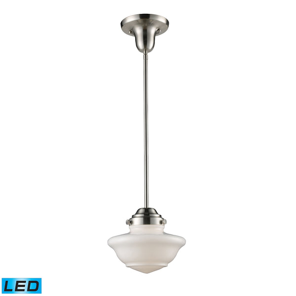 Schoolhouse Pendants 1 Light LED Pendant In Satin Nickel And White Glass
