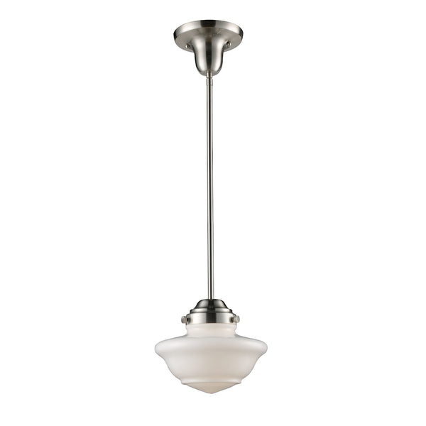 Schoolhouse Pendants 1 Light Pendant In Satin Nickel And White Glass