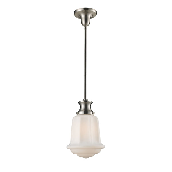 Schoolhouse Pendants 1 Light Pendant In Satin Nickel And White Glass