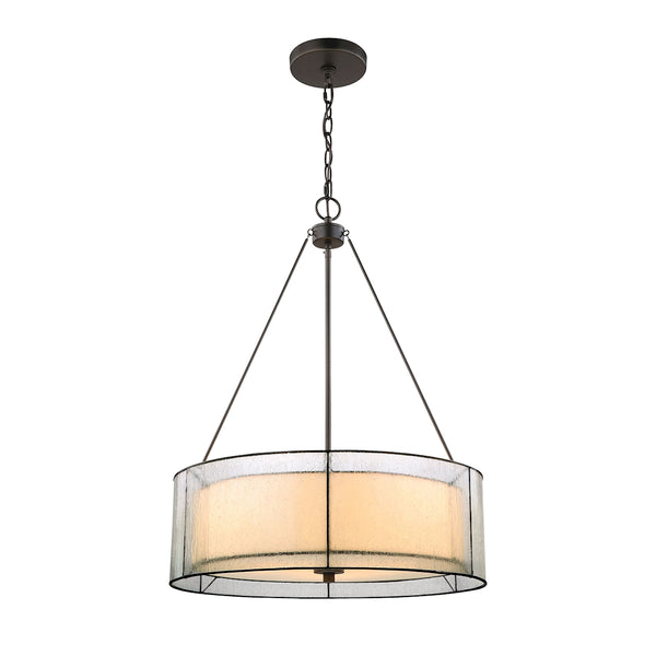 Mirage 3 Light Chandelier In Tiffany Bronze With Off-White Art Glass And Seedy Glass