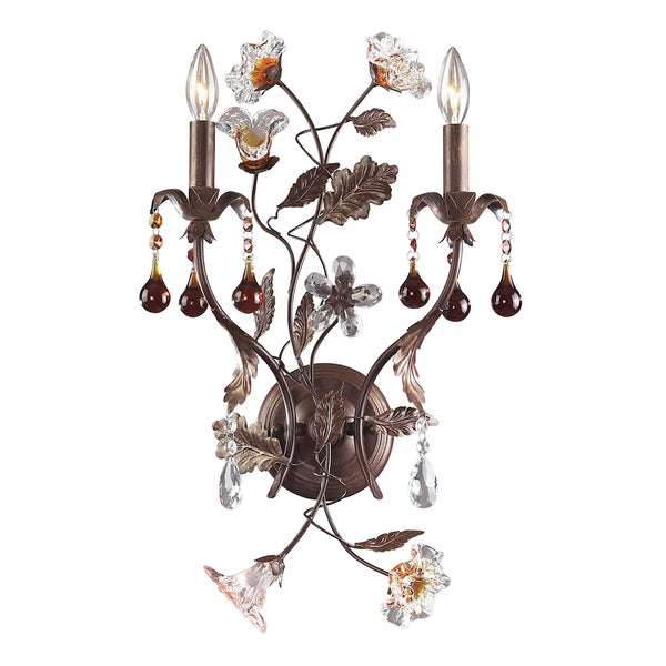 Cristallo Fiore 2 Light Wall Sconce In Deep Rust With Crystal Florets