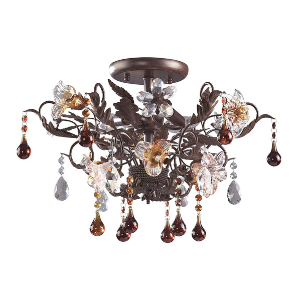 Cristallo Fiore 3 Light Semi Flush In Deep Rust With Crystal Florets