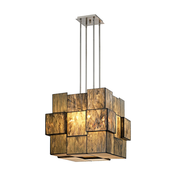 Cubist 8 Light Chandelier In Brushed Nickel With Dusk Sky Art Glass