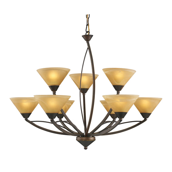 Elysburg 9 Light Chandelier In Aged Bronze And Tea Stained Glass