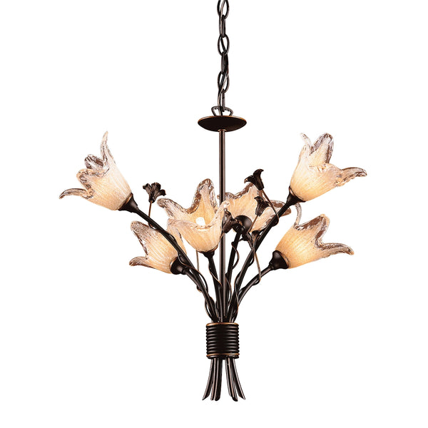 Fioritura 6 Light Chandelier In Aged Bronze And Hand Blown Glass