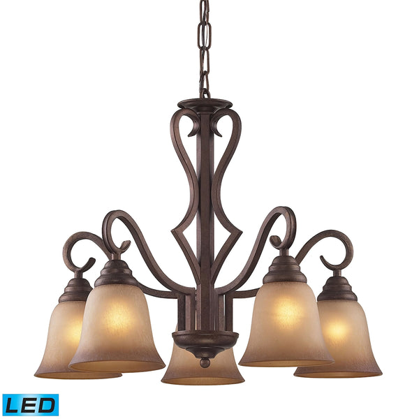 Lawrenceville 5 Light LED Chandelier In Mocha With Antique Amber Glass