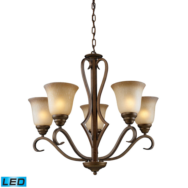 Lawrenceville 5 Light LED Chandelier In Mocha With Antique Amber Glass