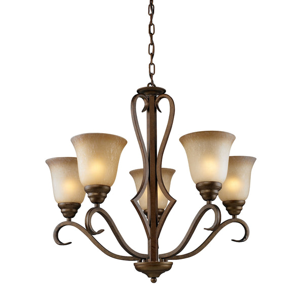 Lawrenceville 5 Light Chandelier In Mocha With Antique Amber Glass