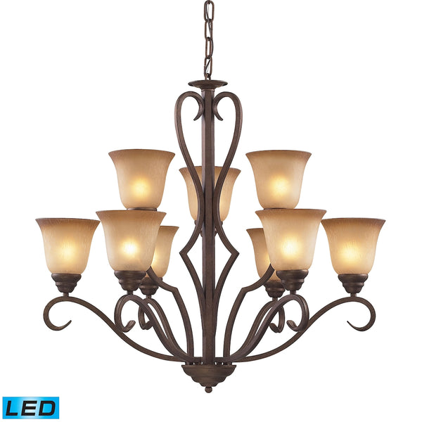 Lawrenceville 9 Light LED Chandelier In Mocha With Antique Amber Glass