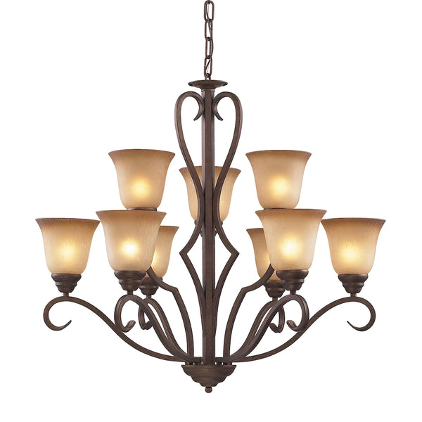 Lawrenceville 9 Light Chandelier In Mocha With Antique Amber Glass