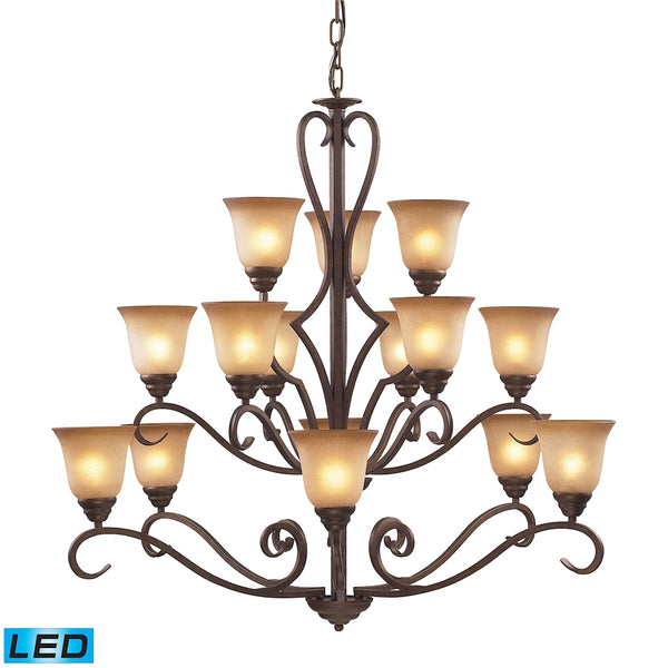 Lawrenceville 15 Light LED Chandelier In Mocha With Antique Amber Glass