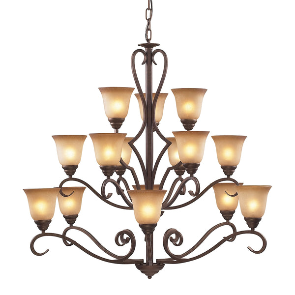 Lawrenceville 15 Light Chandelier In Mocha With Antique Amber Glass