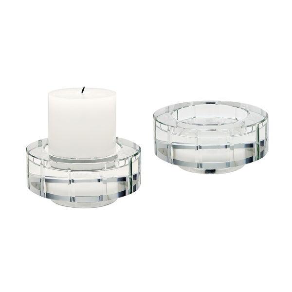 Large Round Windowpane Crystal Candleholders - Set of 2