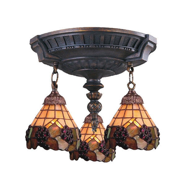 Mix-N-Match 3 Light Semi Flush In Aged Walnut And Stained Glass