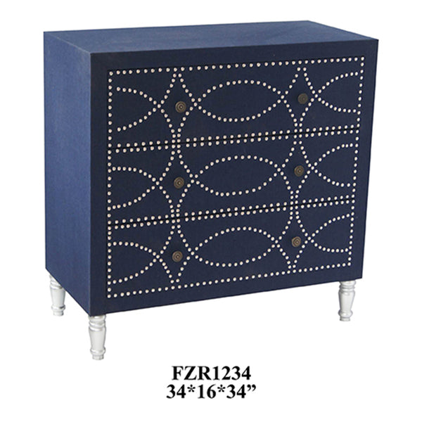 Crestview Cobalt Blue Fabric and Chrome Nailhead 3 Drawer Chest CVFZR1234