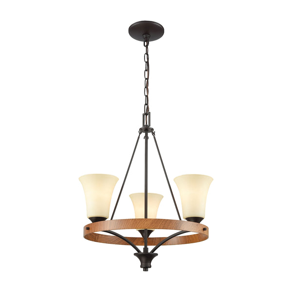 Park City 3 Light Chandelier In Oil Rubbed Bronze,Wood Grain And Light Beige Scavo Glass