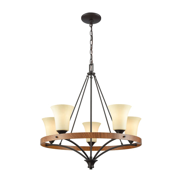 Park City 5 Light Chandelier In Oil Rubbed Bronze,Wood Grain And Light Beige Scavo Glass