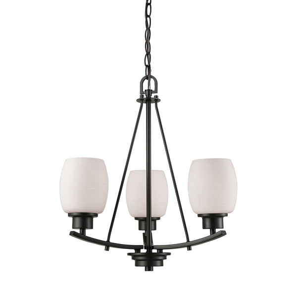 Casual Mission 3 Light Chandelier In Oil Rubbed Bronze With White Lined Glass