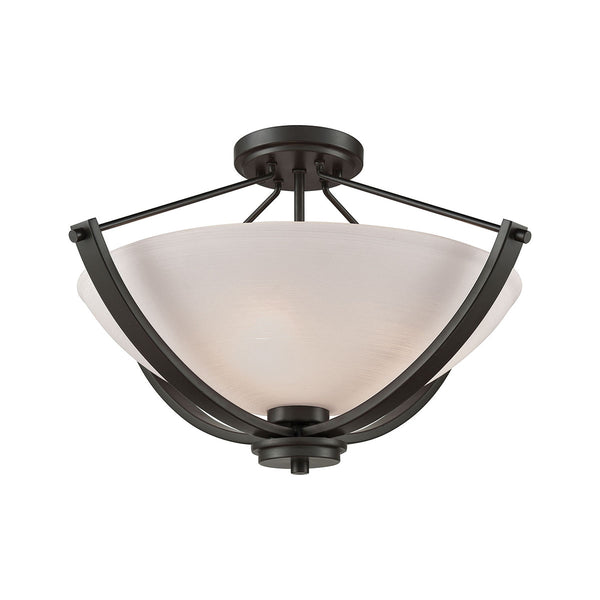 Casual Mission 3 Light Semi Flush In Oil Rubbed Bronze With White Lined Glass