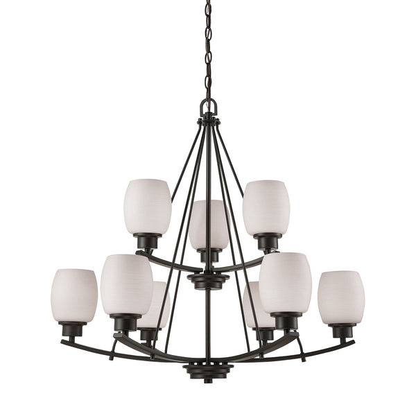 Casual Mission 9 Light Chandelier In Oil Rubbed Bronze With White Lined Glass