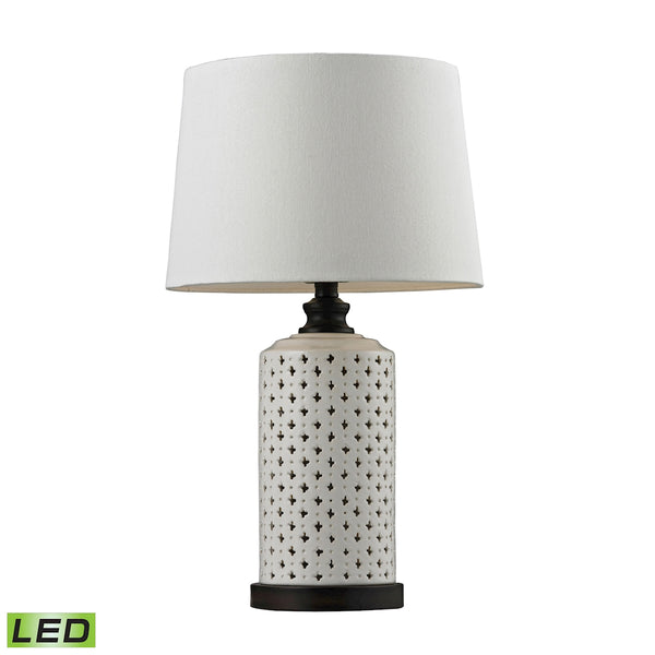 Ceramic Open Work LED Table Lamp With Wood Tone Base