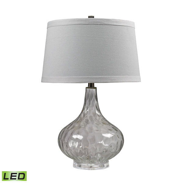 Clear Water Glass LED Table Lamp With White Linen Shade