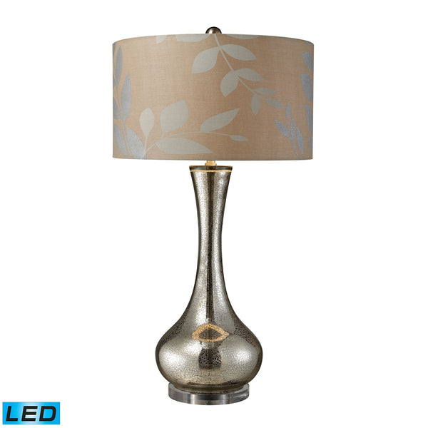 Orion LED Table Lamp In Antique Mercury Blown Glass With Metallic Print On Cream Linen Shade And Cream Fabric Liner