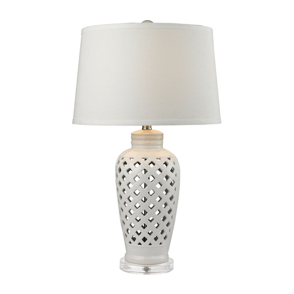 Openwork Ceramic Table Lamp in White With White Shade