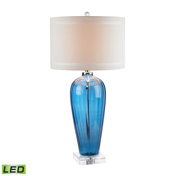 Blue Glass LED Table Lamp With Crystal Base And Linen Shade