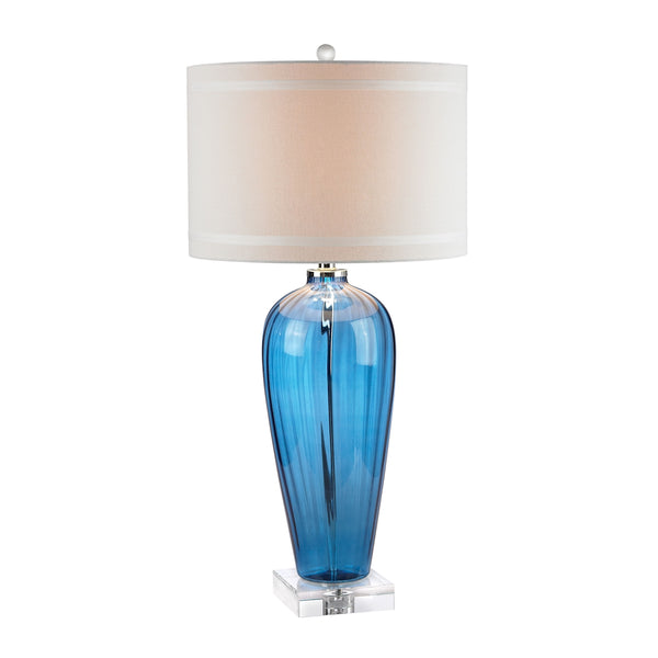 Blue Glass Table Lamp With Crystal Base And Linen Shade
