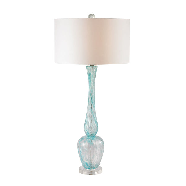 Swirl Glass Table Lamp in Light Blue With White Faux Silk Shade