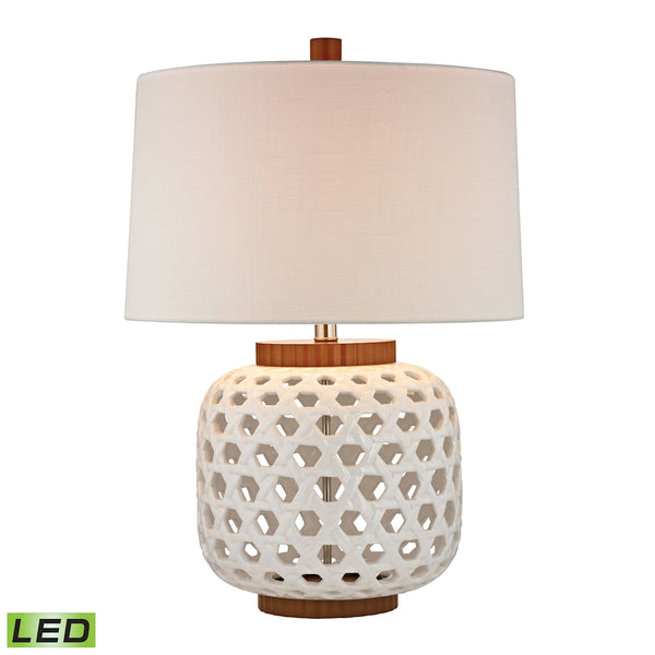 Woven Ceramic LED Table Lamp In White And Wood Tone