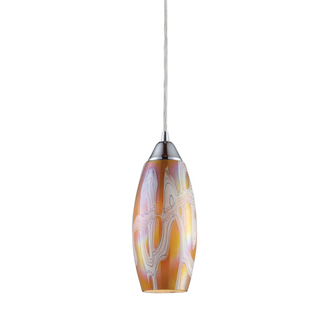 Iridescence 1 Light LED Pendant In Satin Nickel And Golden Glass