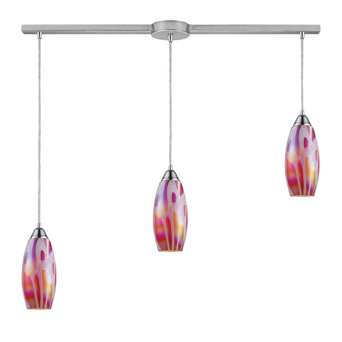 Iridescence 3 Light Pendant In Satin Nickel And Fuschia Glass